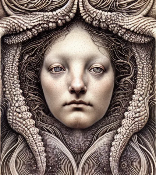 Image similar to detailed realistic beautiful oyster goddess face portrait by jean delville, gustave dore, iris van herpen and marco mazzoni, art forms of nature by ernst haeckel, art nouveau, symbolist, visionary, gothic, neo - gothic, pre - raphaelite, fractal lace, intricate alien botanicals, ai biodiversity, surreality, hyperdetailed ultrasharp octane render