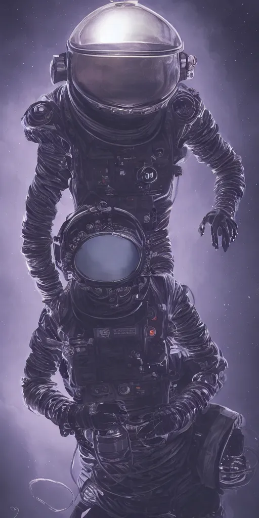 Image similar to eldritch astronaut with dark tendrils in deep space, retrofuturism, atompunk, dynamic composition, dramatic lighting, hyperrealistic, ultra detailed, nitro colors