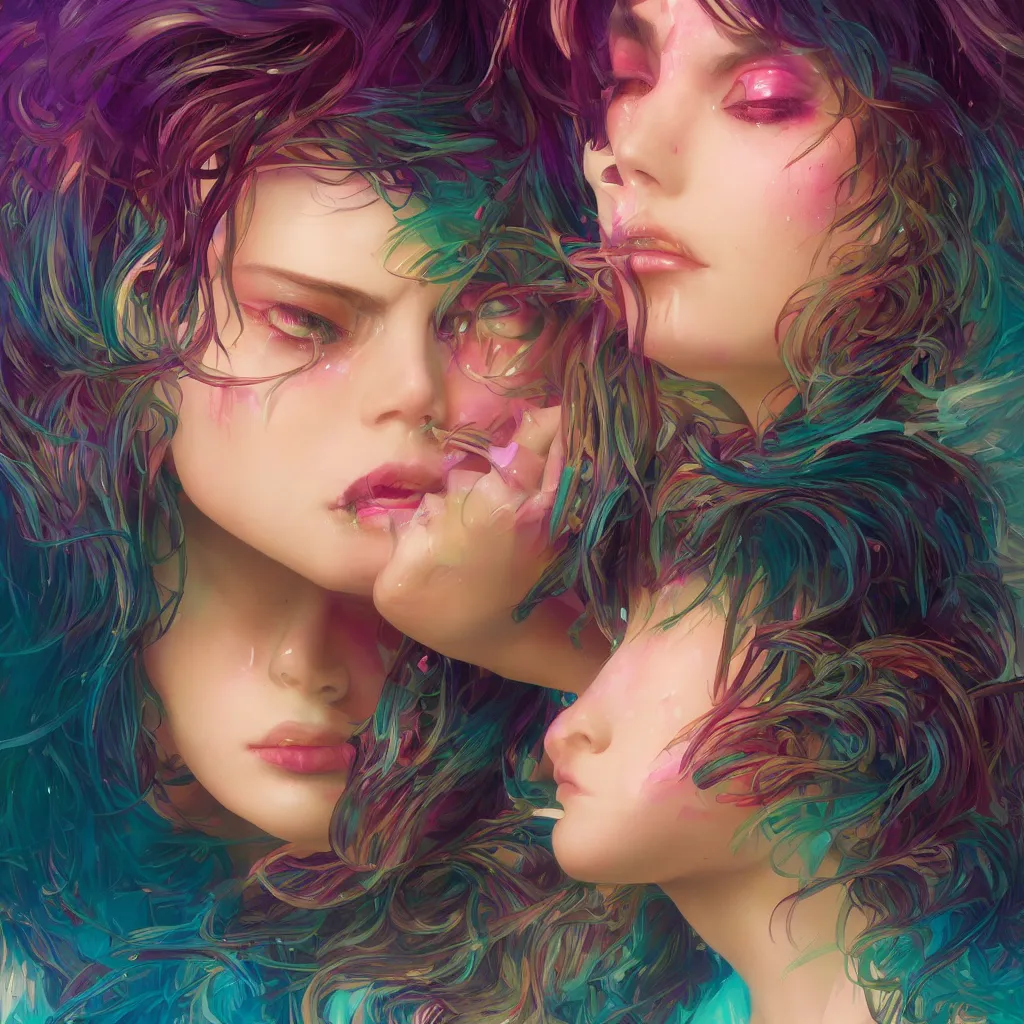 Image similar to young woman, gorgeous face, vaporwave aesthetic, synthwave, colorful, psychedelic, broken, shattered, beaten, sadness, crying, tears, artstation, concept art, smooth, extremely sharp detail, finely tuned detail, 8 k, unreal engine 5, ultra sharp focus, illustration, art by artgerm and greg rutkowski and alphonse mucha