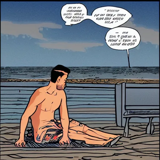 Image similar to smartphone addicted man on the seaside, comic art by Andrea Pazienza