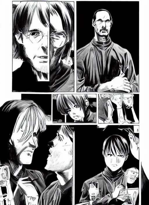 Prompt: steve jobs manga, final page, by katsuhiro otomo and hiroya oku and makoto yukimura