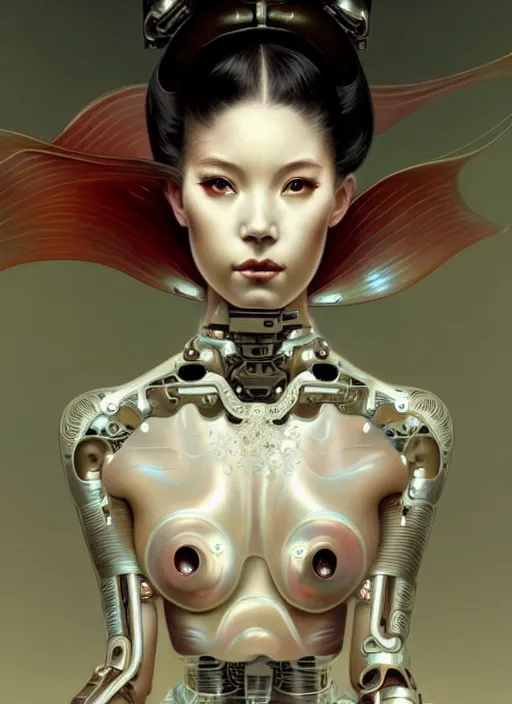 Prompt: organic Geisha cyborg, translucent pearlescent skin, diffuse lighting, fantasy, intricate, elegant, highly detailed, lifelike, photorealistic, digital painting, artstation, illustration, concept art, smooth, sharp focus, art by John Collier and Albert Aublet and Krenz Cushart and Artem Demura and Alphonse Mucha