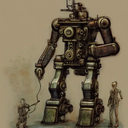 Image similar to (((((((((((giant retro human shaped robot steampunk))))))))))) . muted colors. by Jean-Baptiste Monge !!!!!!!!!!!!!!!!!!!!!!!!!!!!!!!!!!!!!!!!