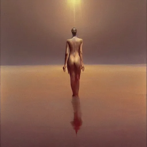 Image similar to beautifull goddess venus going out of water, ellegant, attractive, great space, epic composition, 8 k, by zdzisław beksinski, beautifull cinematic light