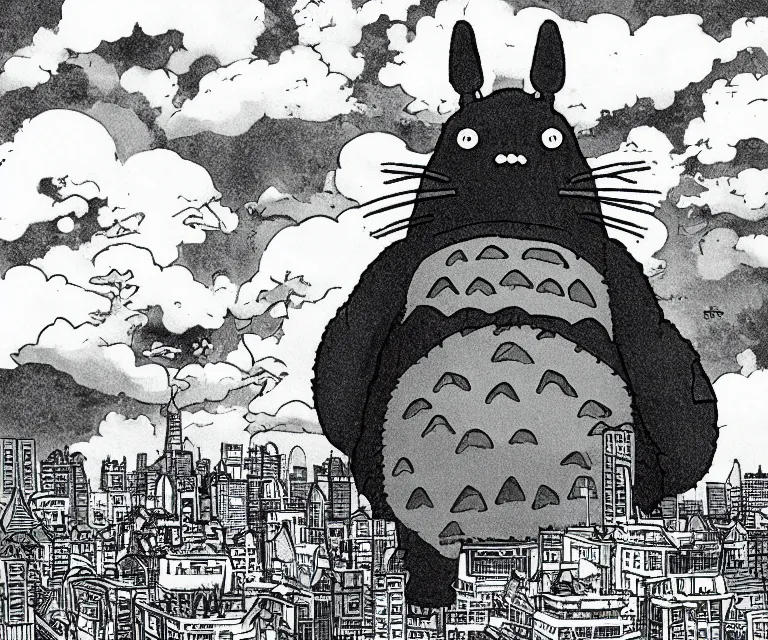 Prompt: giant totoro in the style of godzilla, destroying a city, anime, detailed lines, cloudy skies, tall buildings