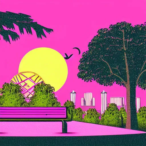 Prompt: art deco vaporwave illustration of a park with trees and benches, with a futuristic pink pastel city in the background