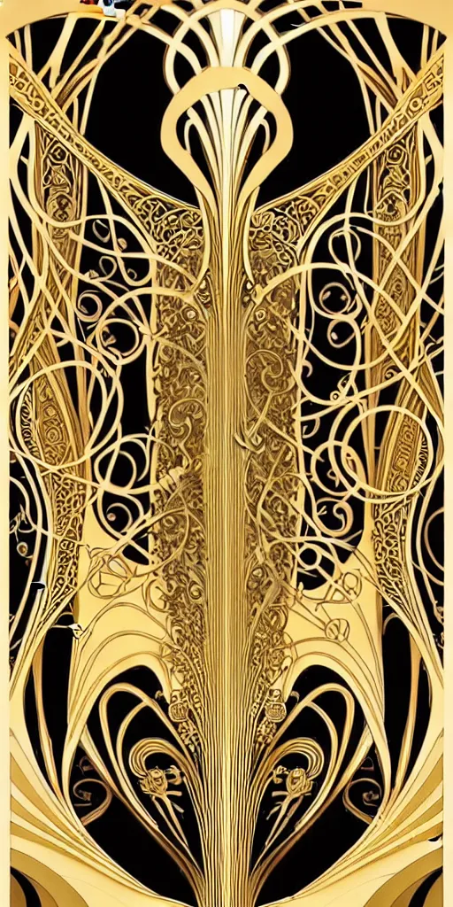 Image similar to the source of future growth dramatic, elaborate emotive Art Nouveau styles to emphasise beauty as a transcendental, seamless pattern, symmetrical, large motifs, hyper realistic, 8k image, 3D, supersharp, Art nouveau curves spirals and swirls, goldplated surfaces, Flying silk fabric, iridescent and black and gold colors , perfect symmetry, iridescent, High Definition, sci-fi, Octane render in Maya and Houdini, light, shadows, reflections, photorealistic, masterpiece, smooth gradients, no blur, sharp focus, photorealistic, insanely detailed and intricate, cinematic lighting, Octane render, epic scene, 8K