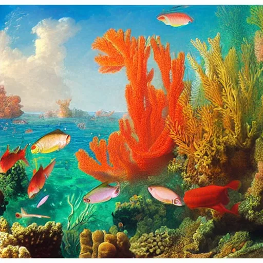 Prompt: A panoramic painting of a photorealistic underwater exotic coral reef with bright vibrant colors teeming with fish by thomas cole and moebius