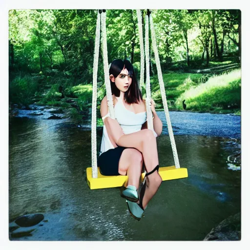 Image similar to scene dua lipa as nendoroid on the swing as nendoroid by the rural stream, kodak film