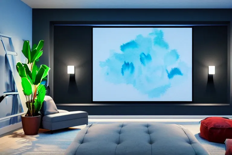 Image similar to very wide angle view, a modern home movie theater with giant projector screen!!, stylish wall sconces lights, detailed art deco decoration!!, plants, popcorn machine, rough watercolor painting, trending on artstation