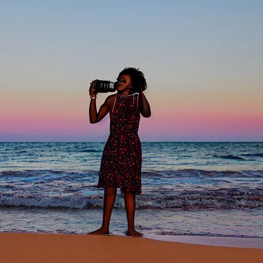 Image similar to a lightskin black woman photographer, taking photos at the beach, during sunset, with a bottle of liquor in her left hand, as a painting