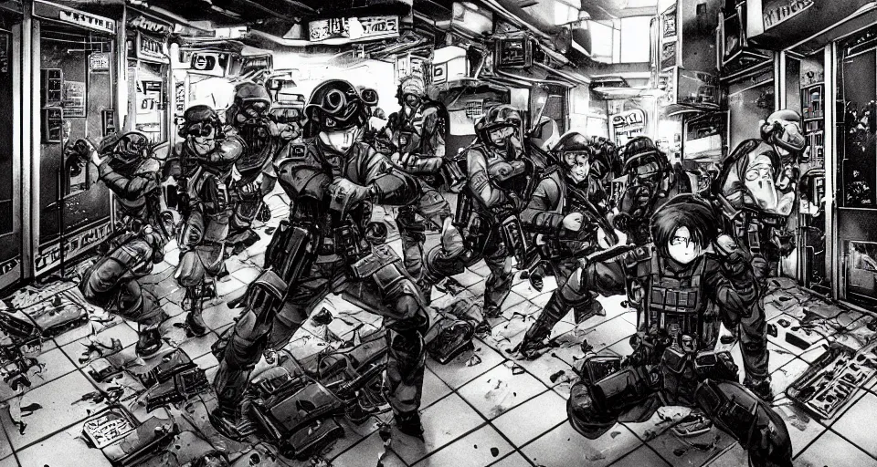 Prompt: 1993 Video Game Concept Art for Anime Neo-tokyo Cyborg bank robbers vs police, Set inside of the Bank, Open Bank Vault, Multiplayer set-piece Ambush, Tactical Squads :10, Police officers under heavy fire, Gunshots, Bullet Holes and Anime Blood Splatter, :10 Gas Grenades, Riot Shields, Chaos, Akira Anime Cyberpunk, Anime Machine Gun Fire, Sakuga MAD Gunplay, Shootout, :14 Vibrant 80s Anime Style Created by Katsuhiro Otomo: 20