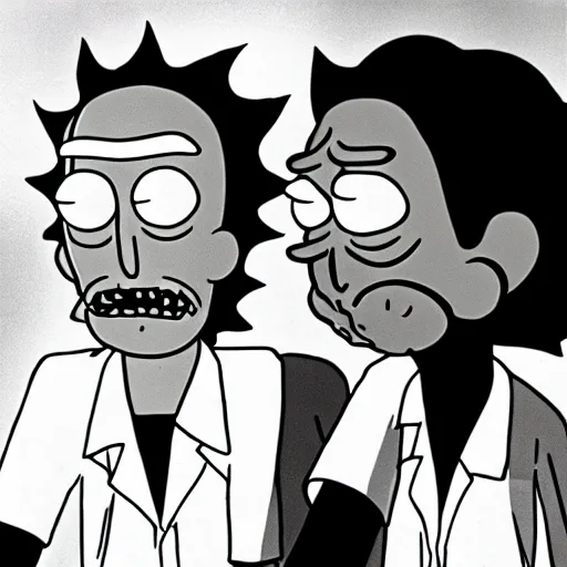 Prompt: A close-up, black & white studio photographic portrait of rick and morty, dramatic backlighting, 1973 photo from Life Magazine