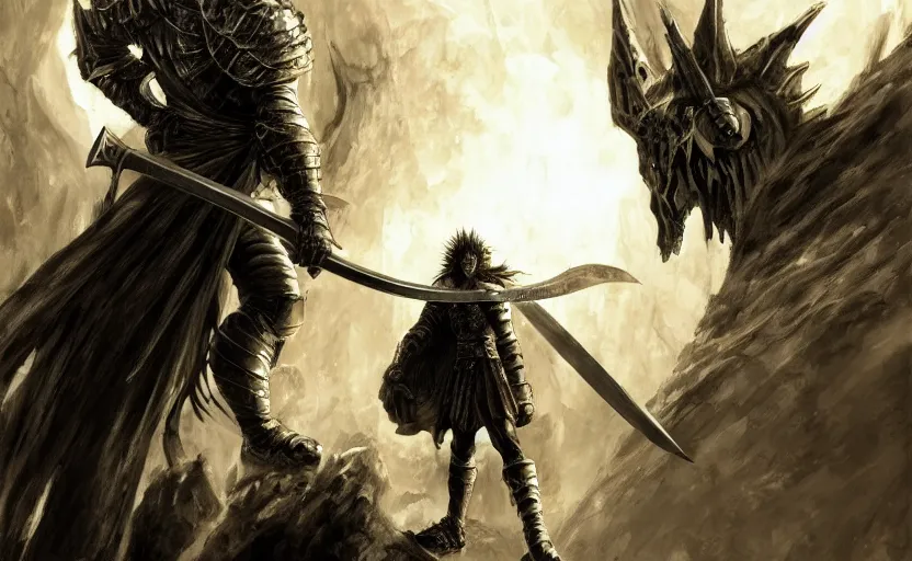Prompt: a knight with a large sword, advanced lighting technology, digital painting masterpiece by kentaro miura and frank frazetta, hyper detailed, realism, gorgeous, beautiful, 4 k manga wallpaper, inspired by berserk, elden ring concept art, dungeons and dragons