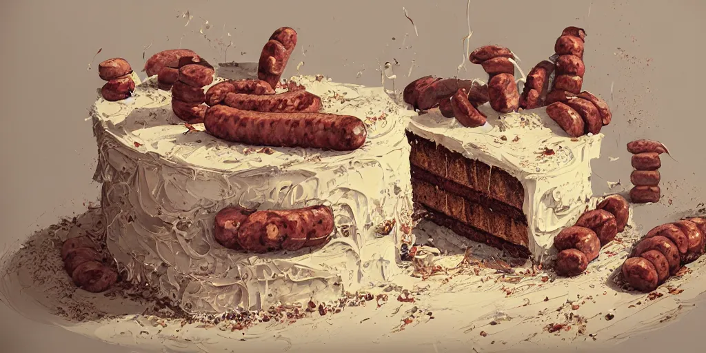 Prompt: Intricate detailed illustration, birthday cake decorated with sausages, cinematic lighting, by Sparth and Greg Rutkowski, wide angle, volumetric light scattering, 8k, artstation, concept art,