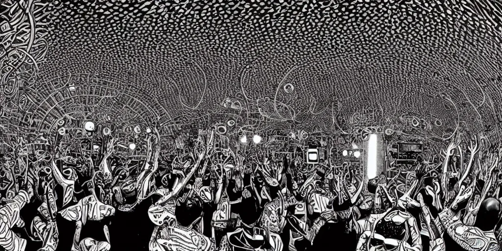 Prompt: intricate detailed artwork of a futuristic dj black coffee at an underground warehouse rave in Ibiza playing afro house music using dj controller to thousands of dancing ravers, in the style of Geof Darrow, no hair, vr sunglasses, beard, wires, speakers, neon