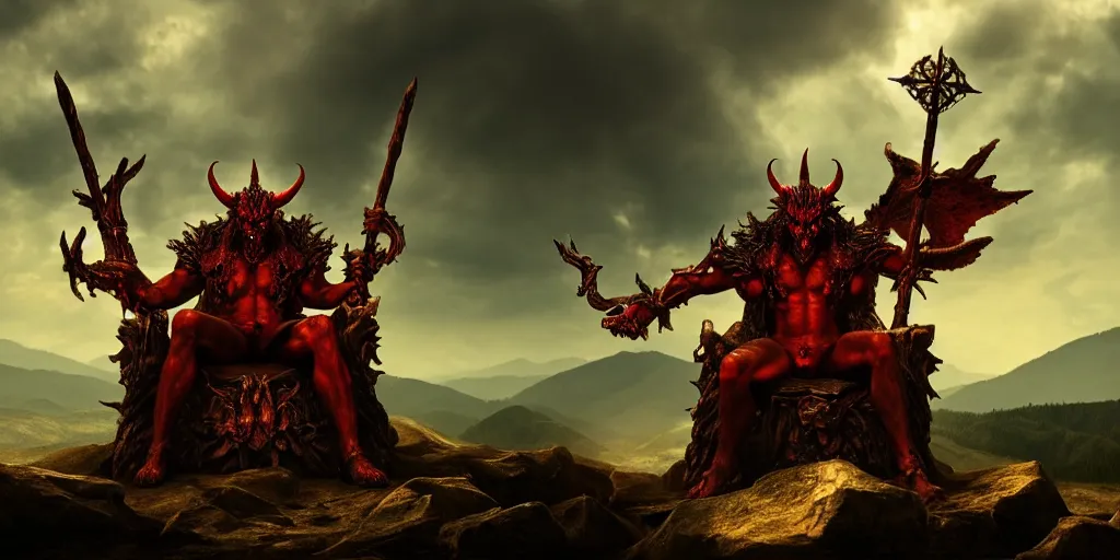 Prompt: 8k realistic image of The Devil Astaroth sitting on his throne with a gloomy mountaineous landscape
