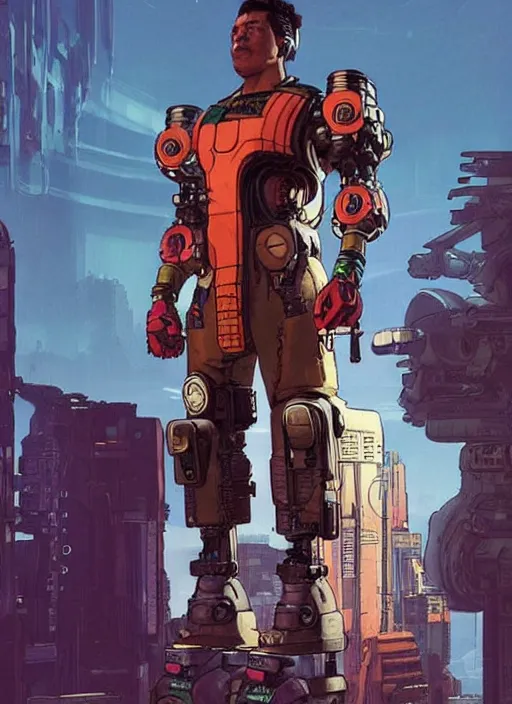 Prompt: hector. apex legends cyberpunk weight lifter with huge robot arms. concept art by james gurney and mœbius. gorgeous face, cinematic, dramatic lighting ( cyberpunk 2 0 7 7 ), clean aesthetic