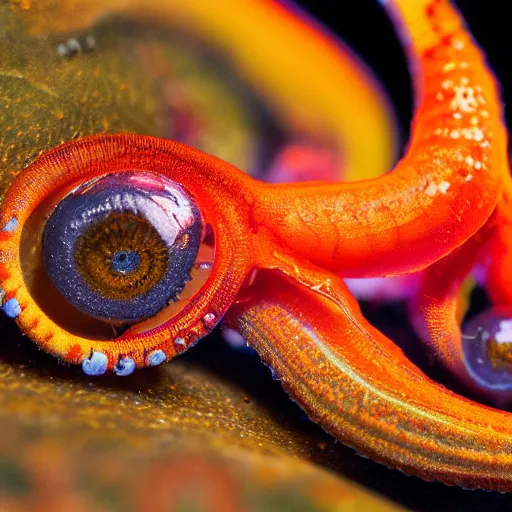 Image similar to fiery whimsical emotional eyes cephalopod, in a photorealistic macro photograph with shallow DOF