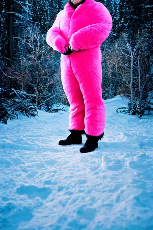 Prompt: 1 8 mm f 1 6 wide shot full body portrait photography of a worried man wearing pink and yellow fur mittens who looks like a mix of lou diamond phillips and jack black wearing a retro alien invasion movie costume from the 1 9 6 0 s, photo by gregory crewdson