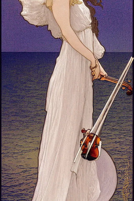 Image similar to beautiful mystical digital painting girl playing a violin wearing a long white dress over a wavy ocean by mucha tarot card vivid