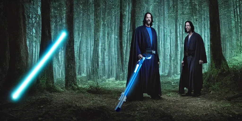 Image similar to keanu reeves as a jedi master with a blue lightsaber fighting a sith lord in an ancient bioluminescent forest, perfect symmetrical face, full moon, moody lighting, 8 k, shallow depth of field, intricate detail,