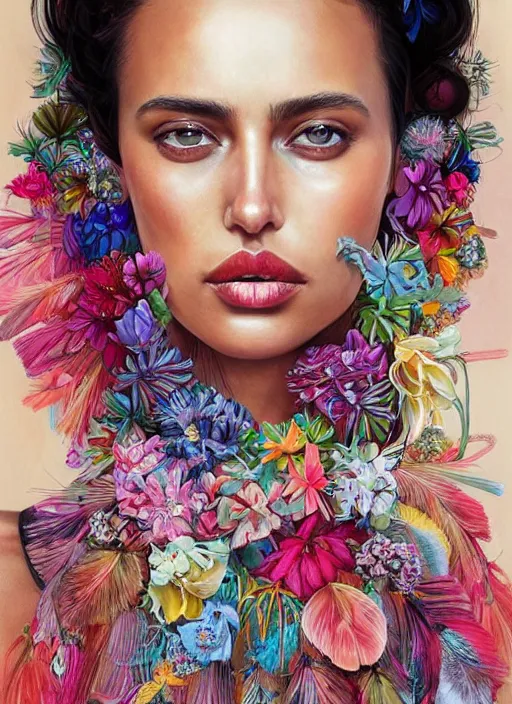 Prompt: beautiful portrait of Irina Shayk wearing fantastic Hand-dyed cotton dress,embellished beaded feather decorative fringe knots ,colorful pigtail,subtropical flowers and plants,symmetrical face,intricate,elegant,highly detailed,8k,digital painting,trending on pinterest,harper's bazaar,concept art, sharp focus, illustration, by artgerm,Tom Bagshaw,Lawrence Alma-Tadema,greg rutkowski,alphonse Mucha