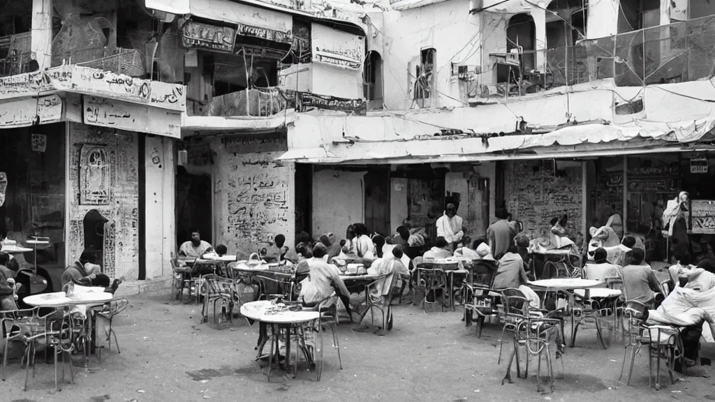 Image similar to photograph of a cafe in central baghdad in the 1 9 6 0 s + fujifilm