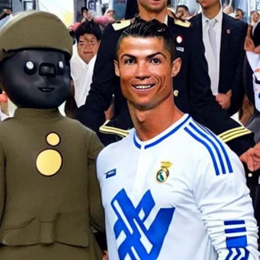 Image similar to cristiano ronaldo wearing a nazi uniform hanging with doraemon in japan