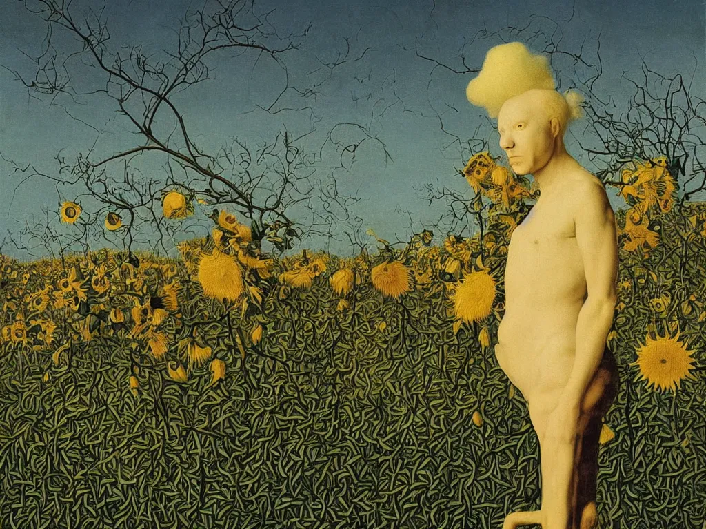 Image similar to Portrait of albino mystic, with wild exotic thorns, with burning sunflower field in the distance. Night. Painting by Jan van Eyck, Audubon, Rene Magritte, Agnes Pelton, Max Ernst, Walton Ford