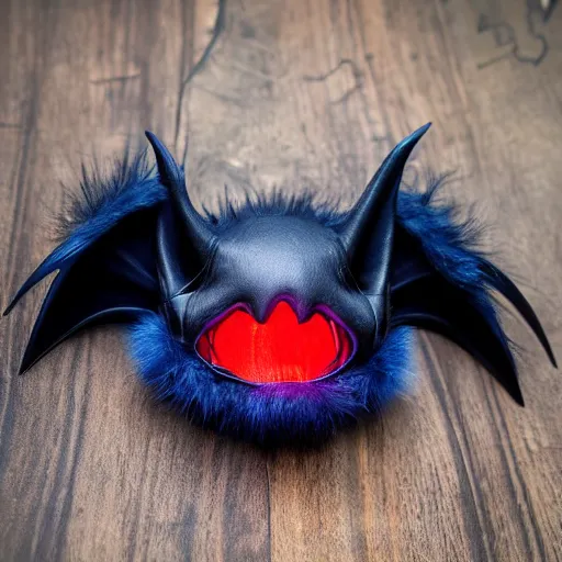 Image similar to detailed full body of scary giant mutant dark blue humanoid pygmy-bat, glowing red eyes, sharp teeth, acid leaking from mouth, realistic, giant, bat ears, bat nose, bat claws, bat wings, furred, covered in soft fur, detailed, 85mm f/1.4