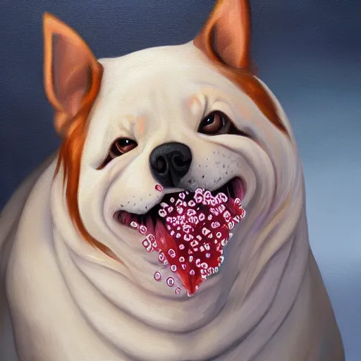 Prompt: high detail oil painting of a rabid dog, foaming with happy face bubbles, trending on artstation