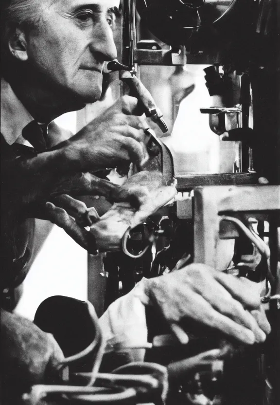 Prompt: a close - up portrait of marcel duchamp working on a machine, 1 9 2 0 s monochrome snapshot, graflex 4 x 5, f 1. 8, 3 5 mm, ilford delta 3 2 0 0 pro