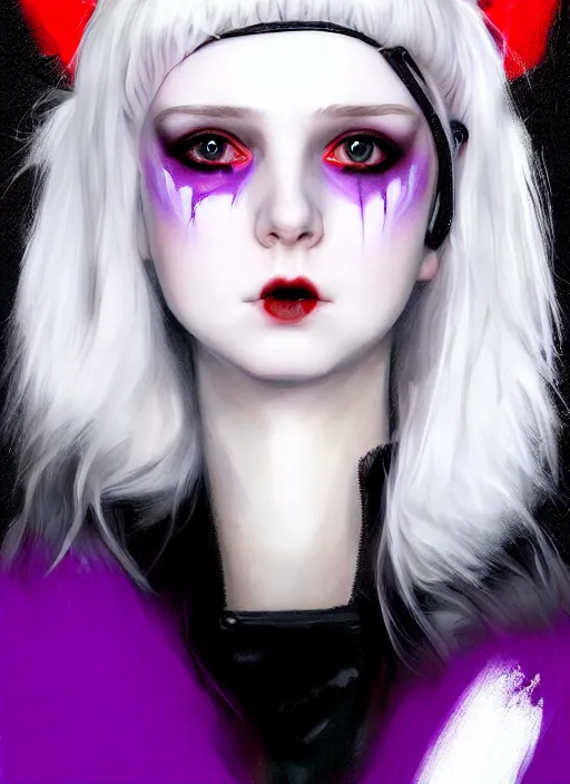 Image similar to portrait of white teenage girl, normal face, white bangs, mall goth, cyberlox, black and white hair, bangs, fluffy bangs, red contact lenses, purple lipstick, intricate, elegant, highly detailed, digital painting, artstation, concept art, sharp focus, smooth, illustration, art by wlop, mars ravelo and greg rutkowski