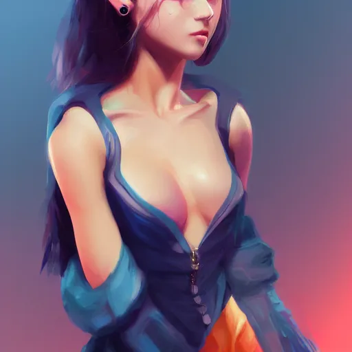 Prompt: a girl wearing collorfull clothes, dark hair, blue eyes, highly detailed, digital painting, artstation, concept art, smooth, sharp focus, illustration