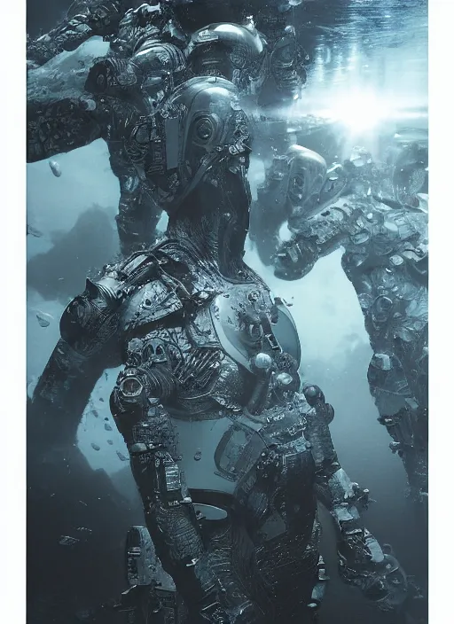 Image similar to astronauts in dark and empty void underwater - complex and hyperdetailed technical suit. reflection and dispersion materials. rays and dispersion of light. volumetric light. 5 0 mm, f / 3 2. noise film photo. flash photography. ultra realistic, wide angle. poster by wayne barlowe, hajime sorayama aaron horkey, craig mullins