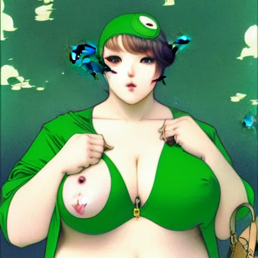 Image similar to masculine fat chonky pigeon in a green onepiece body suit, by Range Murata and Mucha