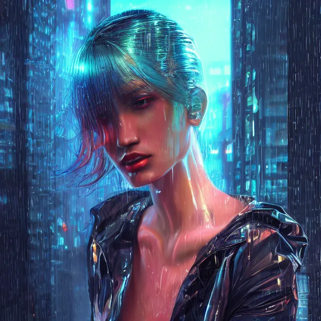 Prompt: portrait of beautiful raining cyberpunk princess, city, volumetric lighting, ray tracing, futuristic, sharp focus, vibrant, vivid, wet shiny skin, symmetry, highly detailed, 4 k digital painting, detailed skin, liquid, magical, raytracing, bubbles, artistic, concept art by artgerm, greg rutkowski, alphonse mucha, unreal engine render,