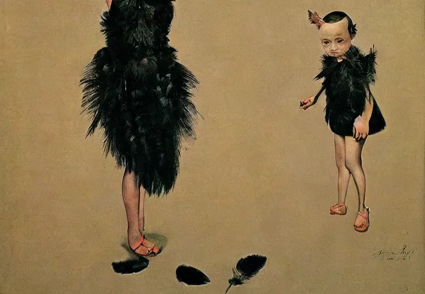 Prompt: beautiful little girl with a short black haircut wearing a dress made of black feathers, artwork in balthus art style, anatomically perfect