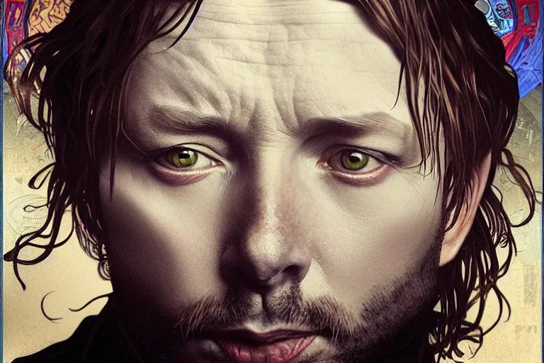 Image similar to hyper realistic portrait of singer songwriter, by lee bermejo, alphonse mucha and greg rutkowski, thom yorke