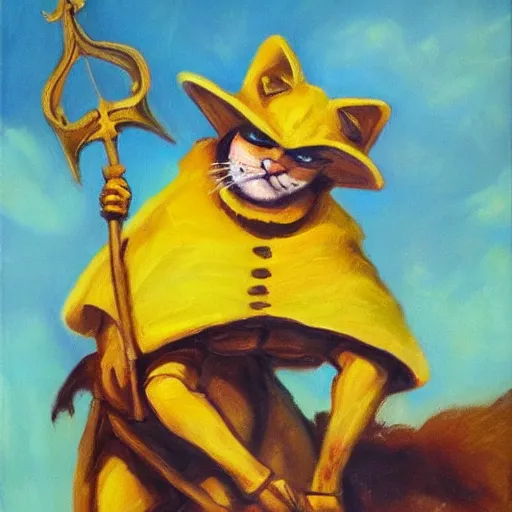 Image similar to masterful, high quality oil painting of a yellow cat dressed as don quixote, fighting giants