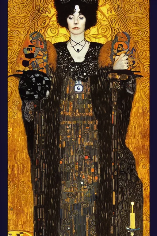 Prompt: high priestess tarot card, major arcana, gothic, high contrast, by gustav klimt and harry clark artstation