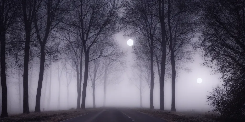 Image similar to road between tall trees, night, fog, cold light, moon