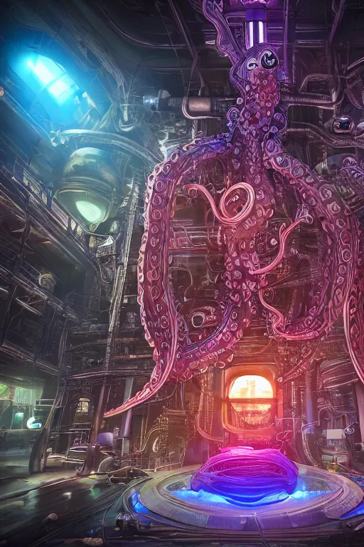 Image similar to portrait of cyberpunk octopus, symmetric, body full glowing vacuum tubes, realistic digital art, 3 d render of two huge futuristic steampunk generators inside a huge steampunk engine, 8 k, fluorescent colors, halluzinogenic, multicolored, exaggerated detailed, unreal engine