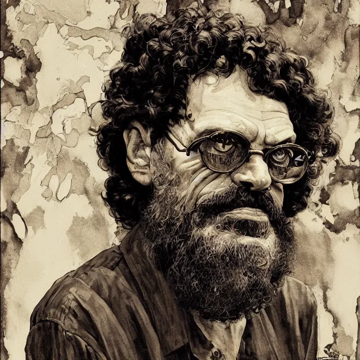 Prompt: a dark close - up retrofuturistic portrait of terence mckenna. reflective detailed textures. soft gloomy dark background. highly detailed fantasy science fiction painting by moebius, norman rockwell, frank frazetta, and syd mead. rich colors, high contrast. artstation