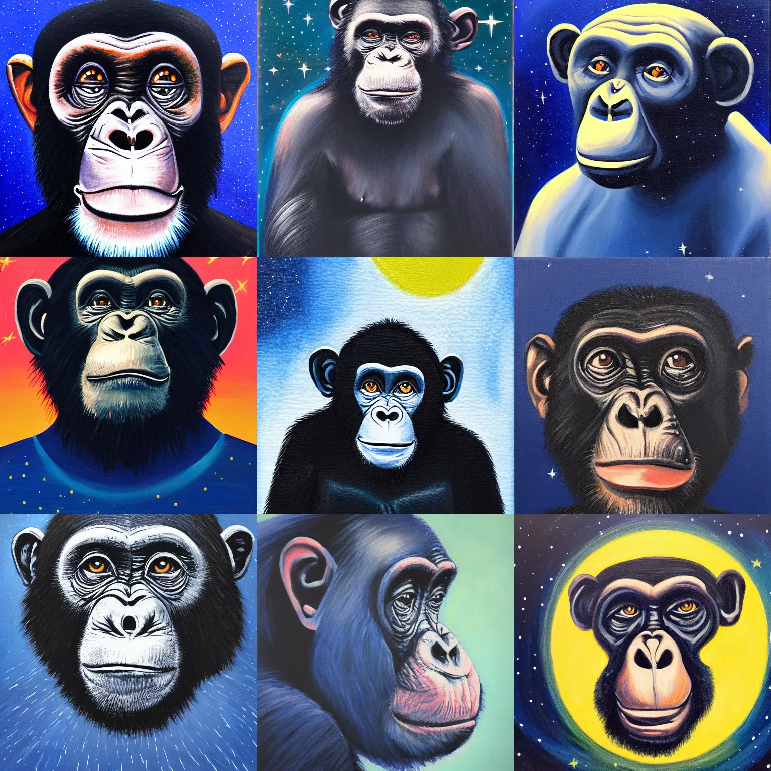 Prompt: portrait of chimpanzee in space, stars in the background, dark blue background, oil on canvas