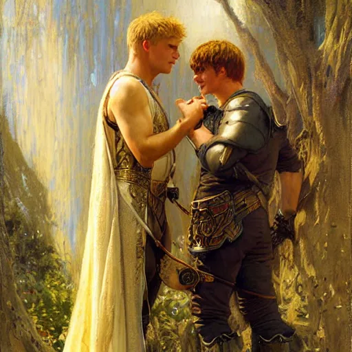 Prompt: attractive arthur pendragon confesses his love to attractive male merlin. highly detailed painting by gaston bussiere, craig mullins, j. c. leyendecker 8 k