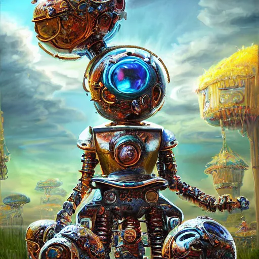 Image similar to On the morning of the robot queen's coronation, shadows of the past, The Mekanik Doll, chubby moss kitten, by jeff easley and Dylan Kowalski, highly detailed, digital painting, HDRI, by vivid colors, high contrast, 8k resolution, intricate, beautiful and thematically complex, smooth