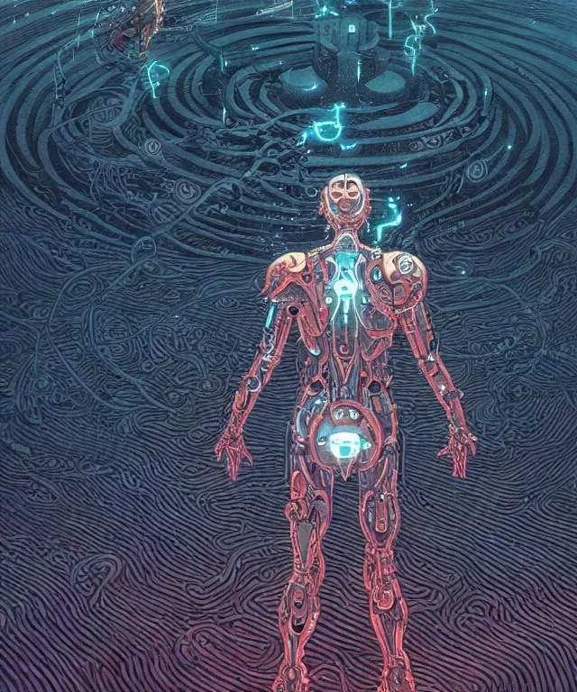 Image similar to a cyborg water demon surrounded by power sigils, centered composition, crisp 8 k line art, digital painting, artstation, unreal engine, octane render, emissive lighting, concept art, matte, sharp focus, hyper realistic lighting, illustration, art by shintaro kago and victo ngai