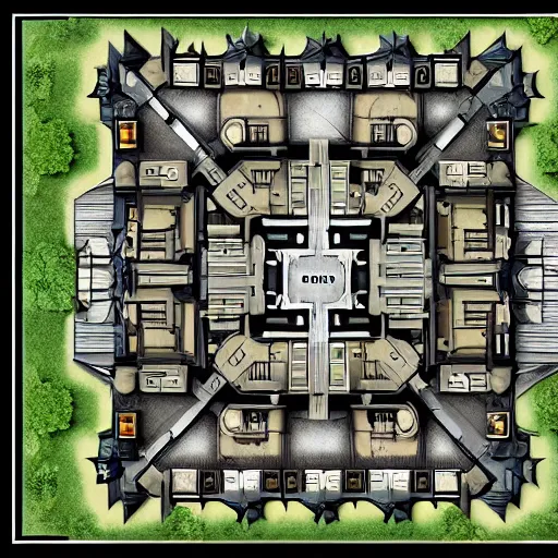 Image similar to architectural floor plan call of duty minimap, symmetrical outpost, ancient fort